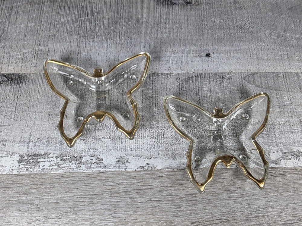 VTG Set 2 MCM Jeannette Glass Butterfly Trinket Dishes 24K Gold Trim 4.25” g74g1